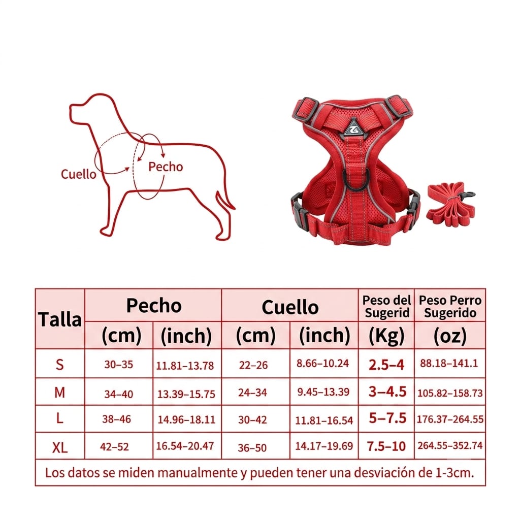 Arnés para perro ajustable tipo chaleco color rojo